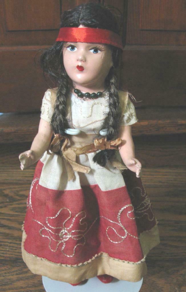 Vtg 11" Composition Doll Native American Indian Girl Costume Compo Antique
